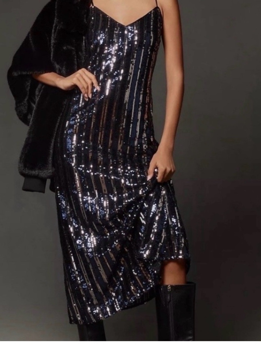 Maeve Black and Rose Gold Sequin Stripe Maxi Dress